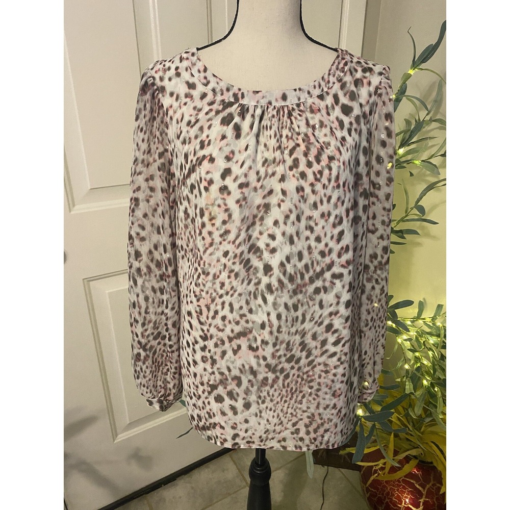 Talbots womens Medium blouse top Gray Pink Leopard Silver Shimmer Tie Back